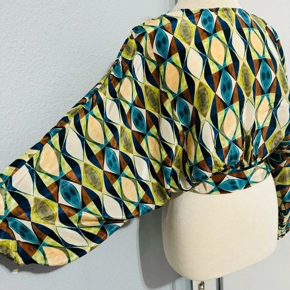 Zara Multicolored Round Neck Bohemian Printed Open Back Tied Top Sz M - Picture 10 of 15